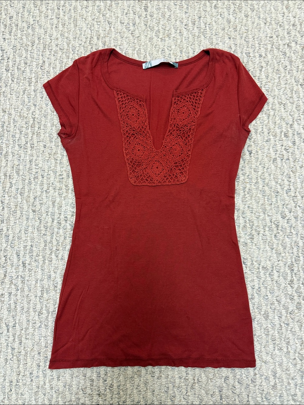 Kismet Brick Red Crochet-Insert Cap Sleeve Tee